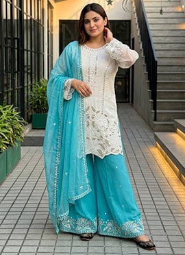 White Embroidered Sequins Georgette Palazzo Suit