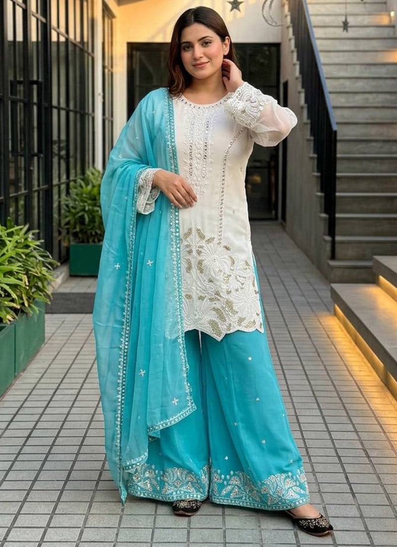 White Embroidered Sequins Silk Palazzo Suit Festive Wear