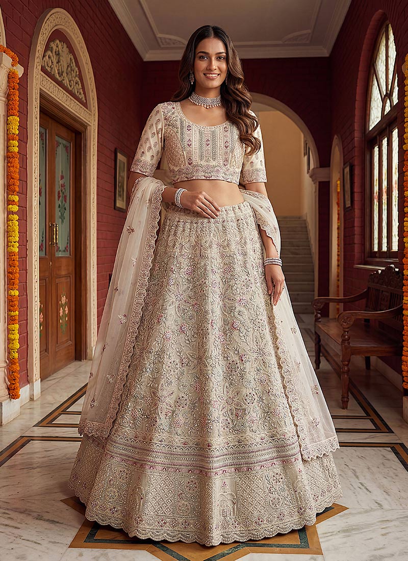 White Fancy Net Zari Embroidered Sequins Lehenga Wedding Wear
