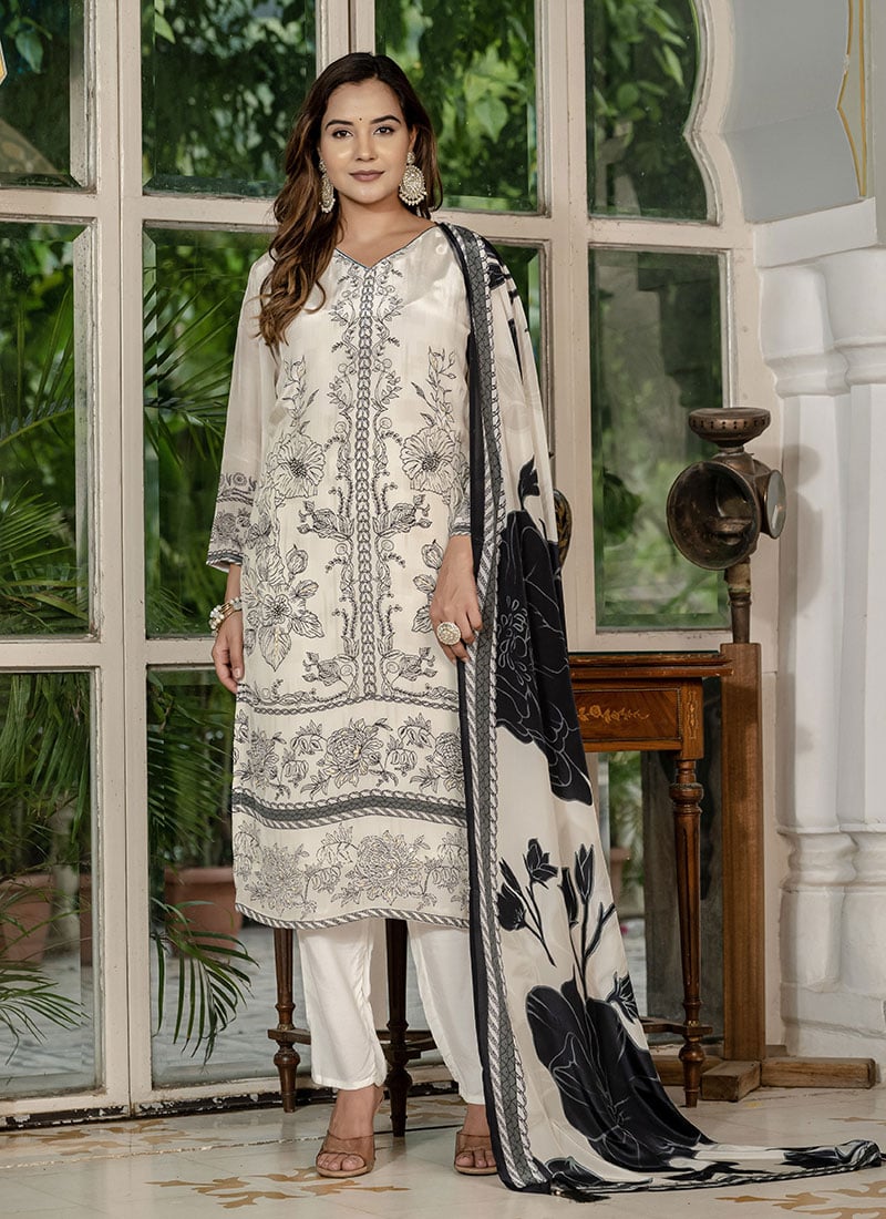 White Faux Crepe Digital Print Zardosi Sequins And Beads Straight Pant Suit Festive Wear