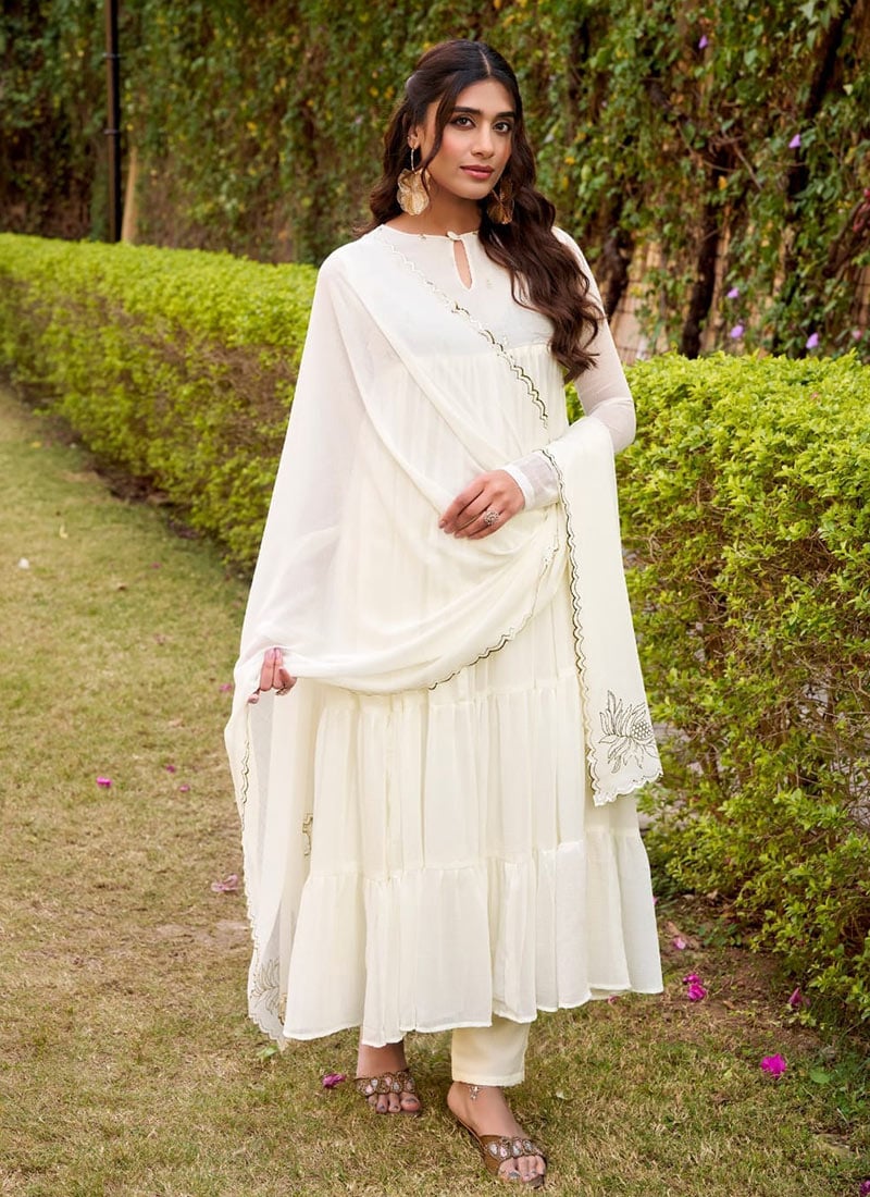 White Faux Crepe Foil Print Anarkali Suit After Six Wear