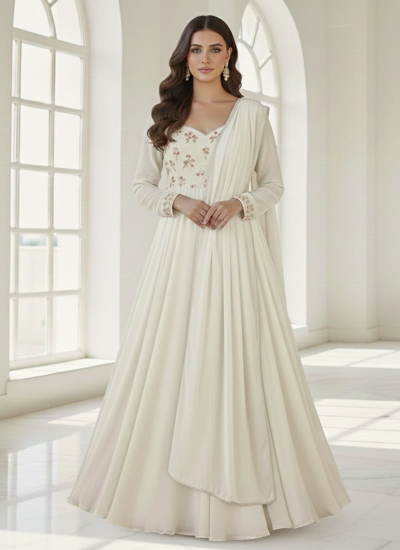 White Faux Georgette A Line Anarkali Suit With Sequins Festive Wear