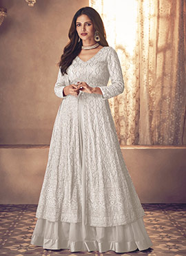White Georgette A Line Lehenga Embossed With Embroidered And Sequins
