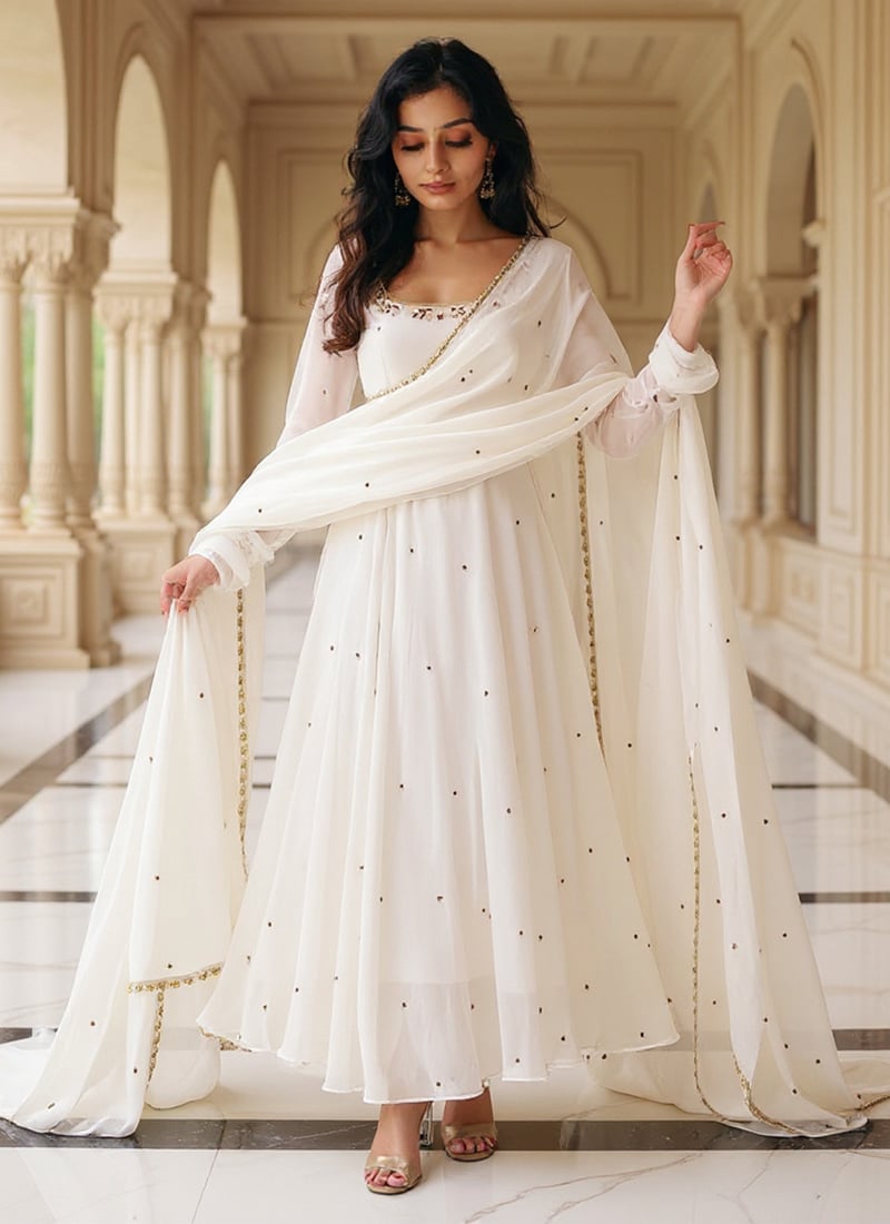 White Faux Georgette Beads Embroidered Anarkali Suit Festive Wear