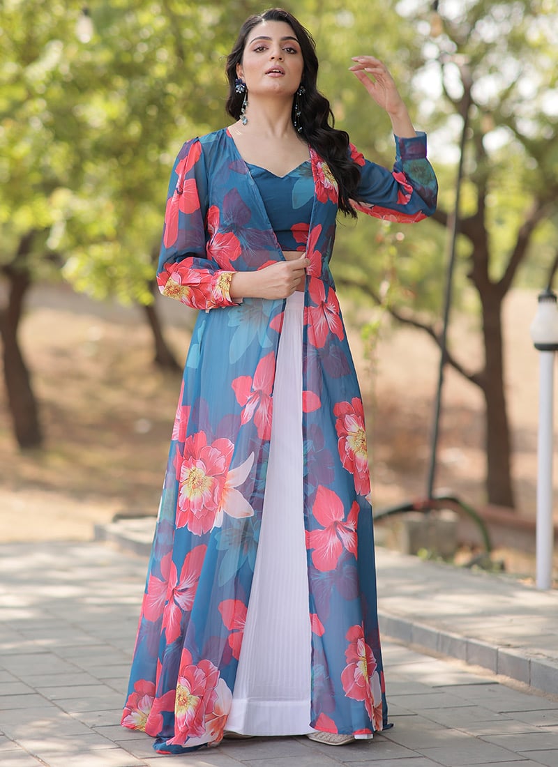 White Faux Georgette Digital Print Chic Indowestern Set After Six Wear