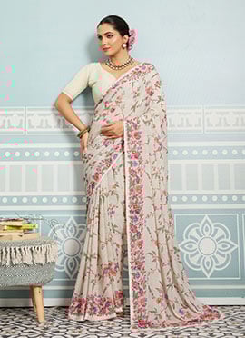 White Faux Georgette Digital Print Saree