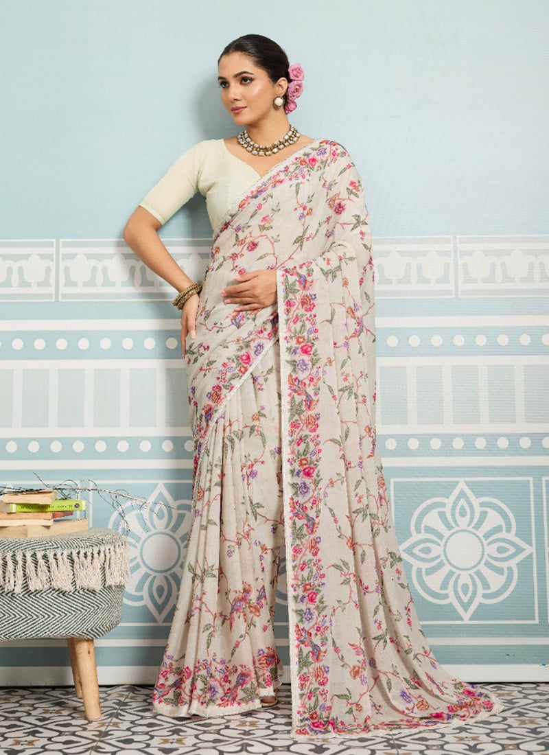 White Faux Georgette Digital Print Saree After Six Wear