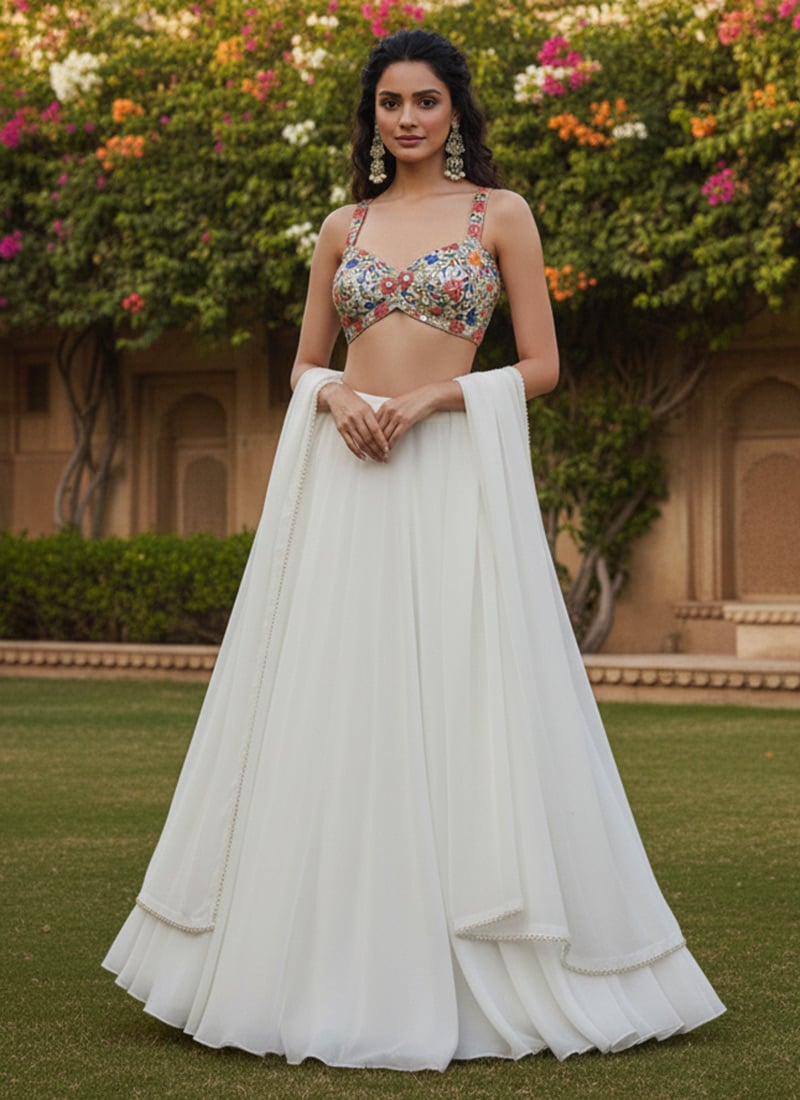 White Faux Georgette Embroidered Lehenga Festive Wear