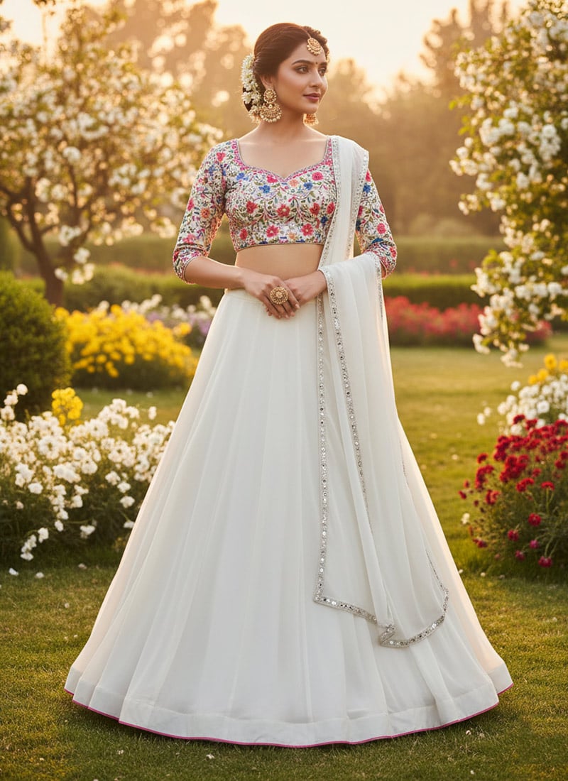 White Faux Georgette Embroidered Lehenga Festive Wear