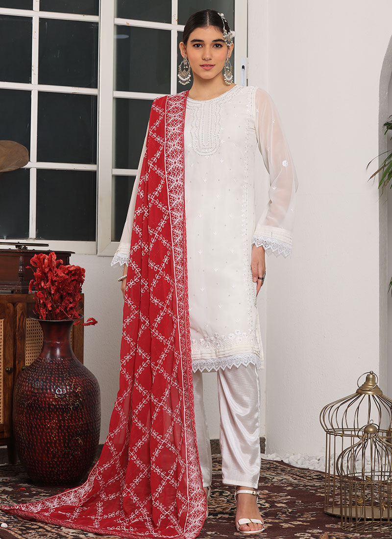 White Georgette Embroidered Pakistani Suit Party Wear