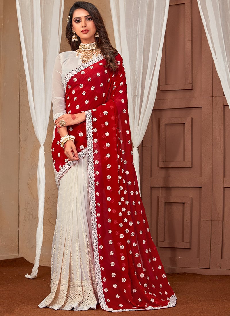 White Faux Georgette Embroidered Saree Party Wear