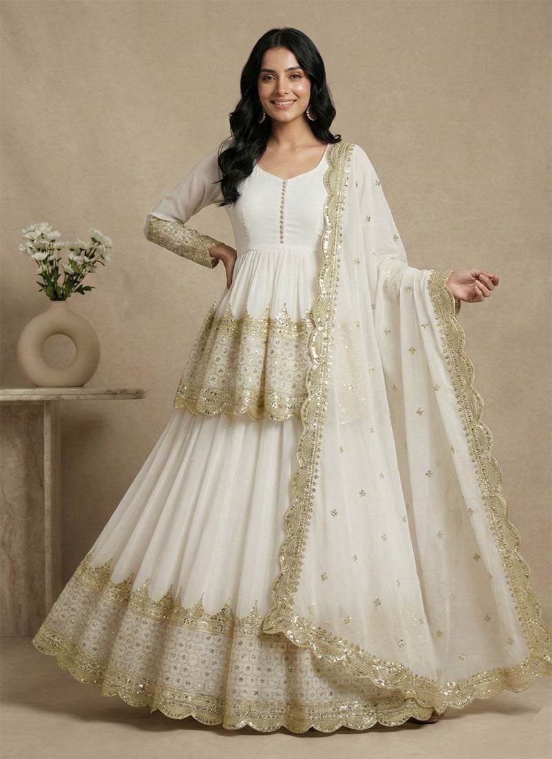White Faux Georgette Embroidered Sequins A Line Lehenga Wedding Wear