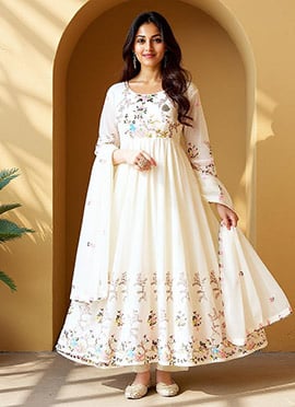 White Faux Georgette Embroidered Sequins Anarkali Suit