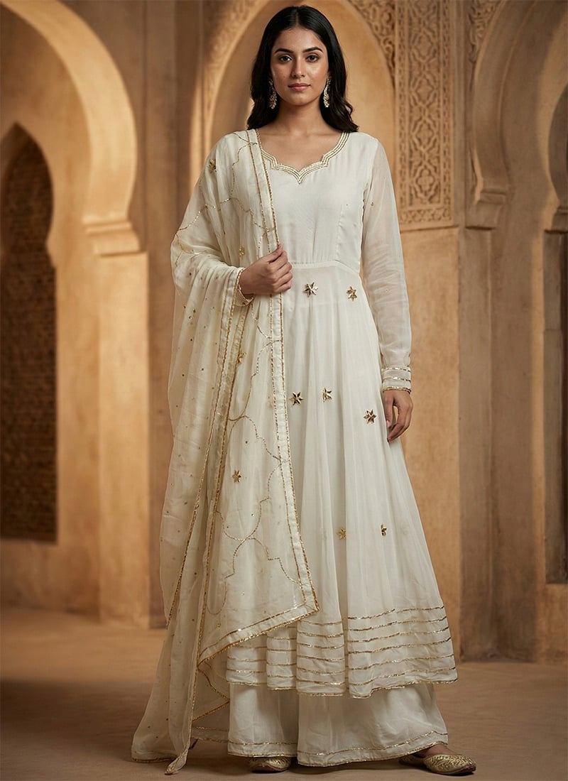 White Faux Georgette Embroidered Sequins Anarkali Suit Festive Wear
