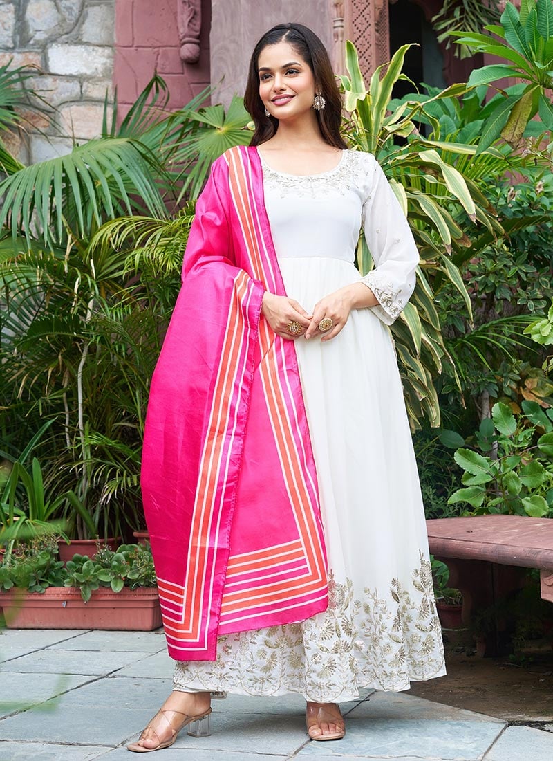 White Faux Georgette Embroidered Sequins Anarkali Suit Festive Wear