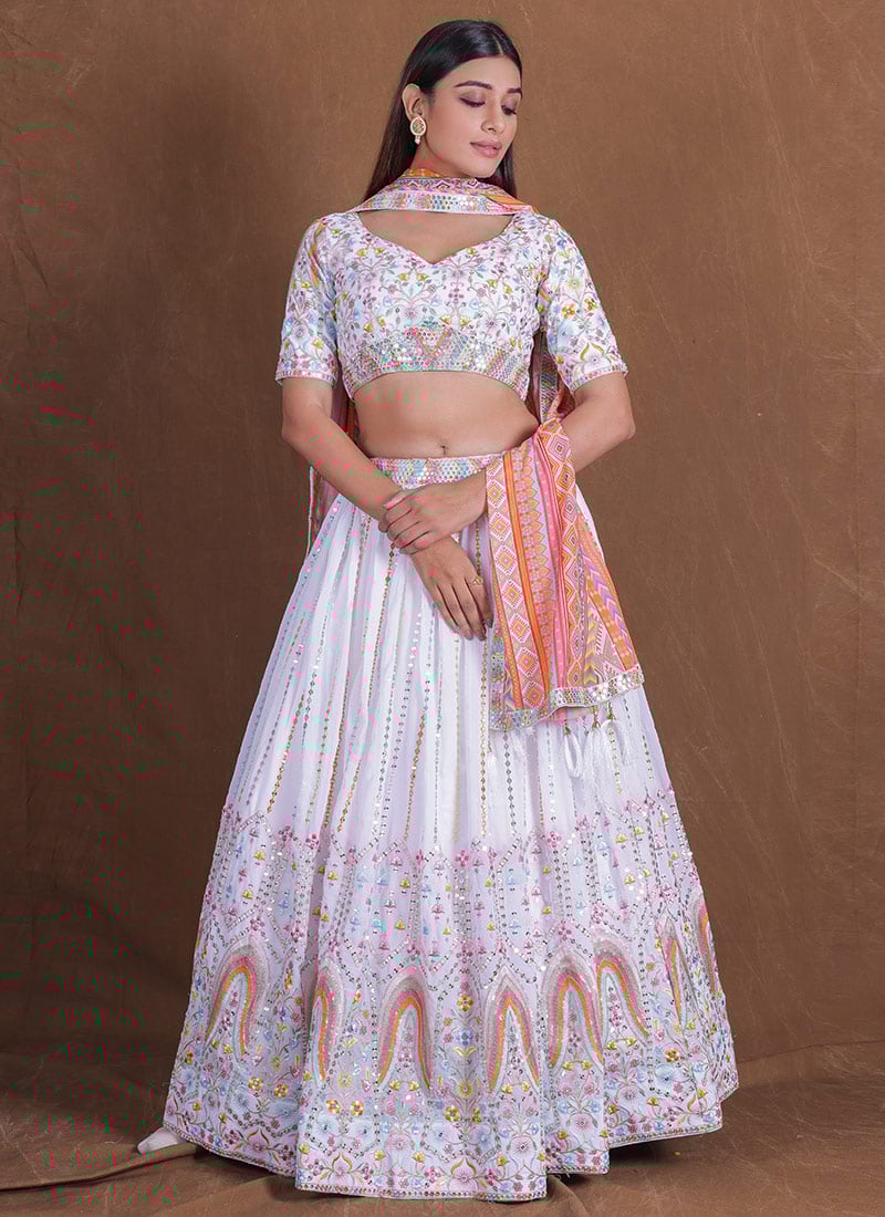 White Faux Georgette Embroidered Sequins Luxurious Lehenga