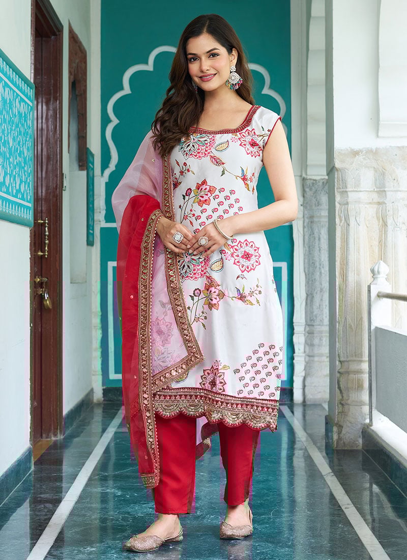 White Faux Georgette Embroidered Sequins Printed Straight Pant Suit Festive Wear