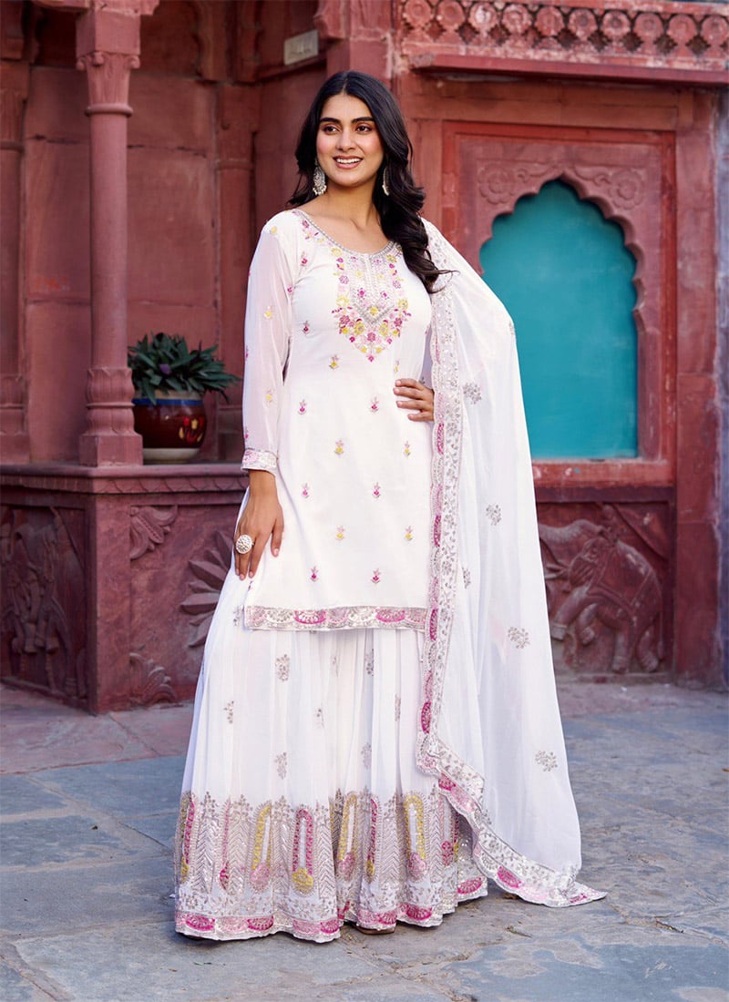 White Faux Georgette Embroidered Sequins Sharara Suit Festive Wear
