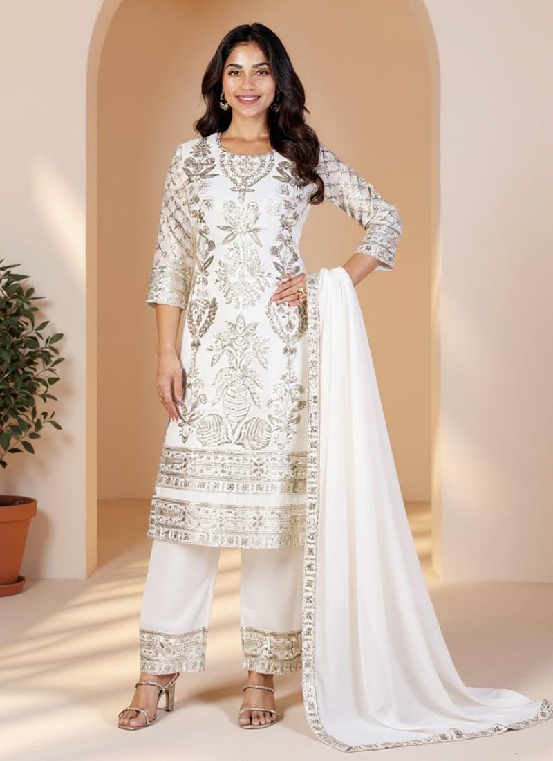 White Faux Georgette Embroidered Sequins Straight Pant Suit Festive Wear