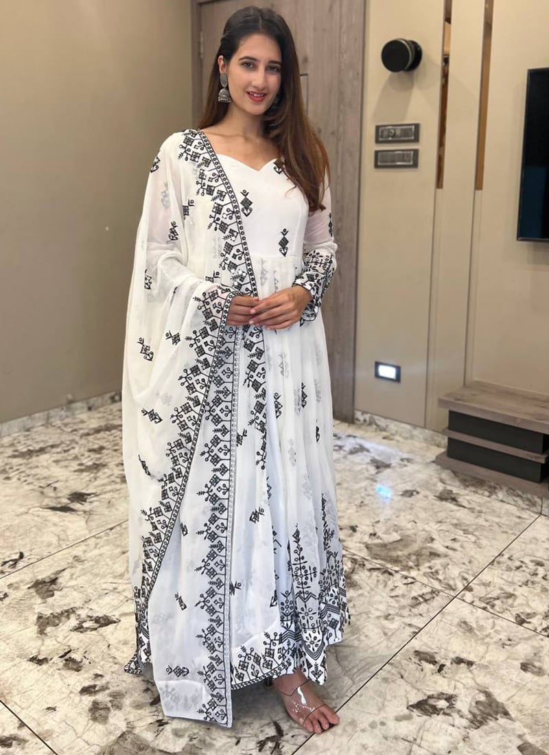 White Faux Georgette Embroidered Thread Anarkali Suit After Six Wear