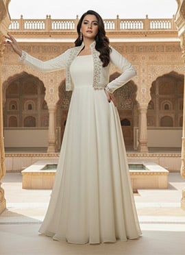 White Faux Georgette Foil Print Zari Mirror Work Anarkali Gown