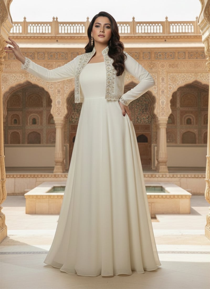 White Faux Georgette Foil Print Zari Mirror Work Anarkali Gown After Six Wear