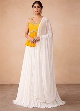 White Faux Georgette Hand Embroidered Stone Work A Line Lehenga