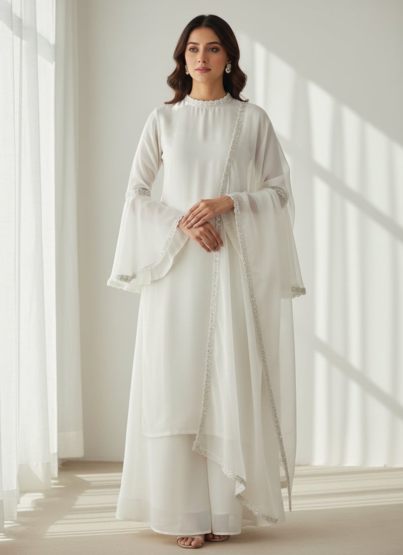 White Faux Georgette Lace Work Palazzo Suit Festive Wear