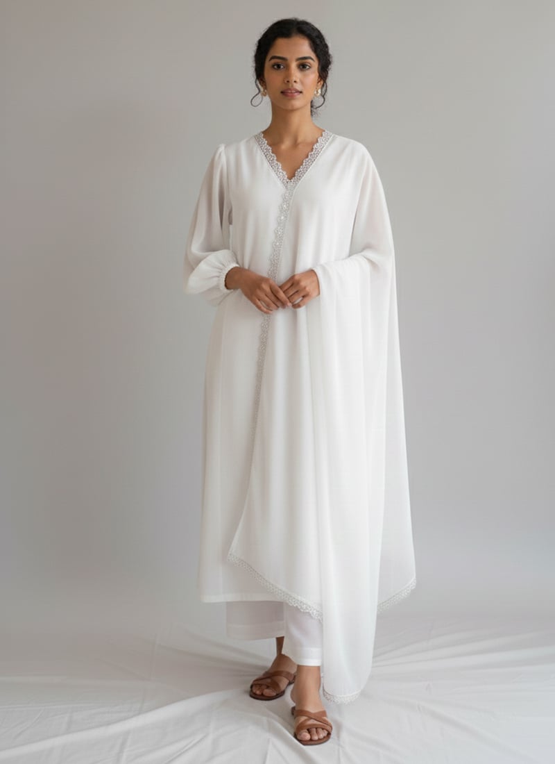 White Faux Georgette Lace Work Straight Pant Suit