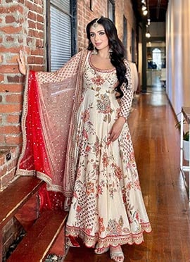 White Faux Georgette Printed Embroidered Sequins Stone Work Anarkali Suit