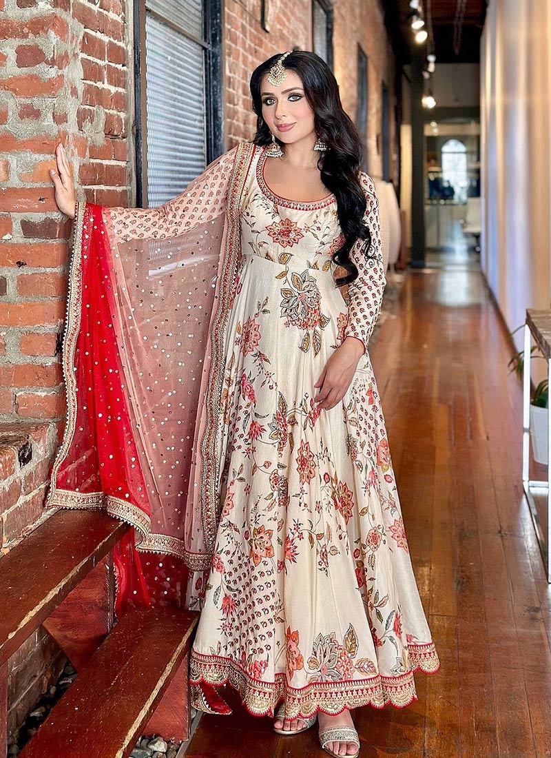 White Faux Georgette Printed Embroidered Sequins Stone Work Anarkali Suit Festive Wear-SLSTCK44