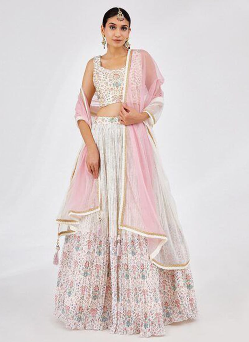 White Faux Georgette Printed Lehenga Wedding Wear