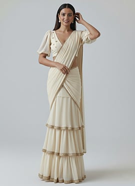 Cream Faux Georgette Sequins Embroidered And Zari Stylish Lehenga Saree