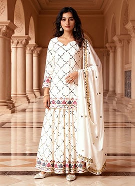 White Faux Georgette Sequins Embroidered Palazzo Suit Festive Wear