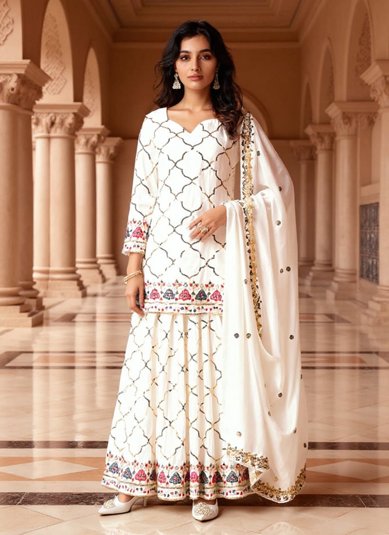 White Faux Georgette Sequins Embroidered Palazzo Suit Festive Wear