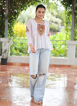 White Faux Georgette Sequins Patch Work Peplum Top After Six Wear