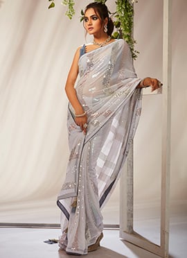 White Faux Georgette Sequins Sari