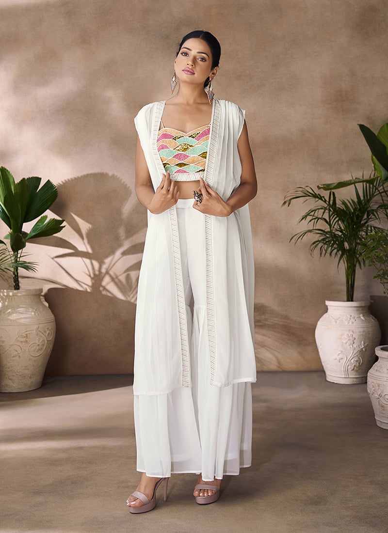 White Faux Georgette Sequins With Beads Handwork Indowestern Co ord Jacket Set After Six Wear