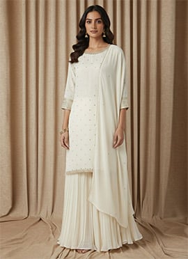 White Faux Georgette Sequins Zari Long Choli Lehenga Set