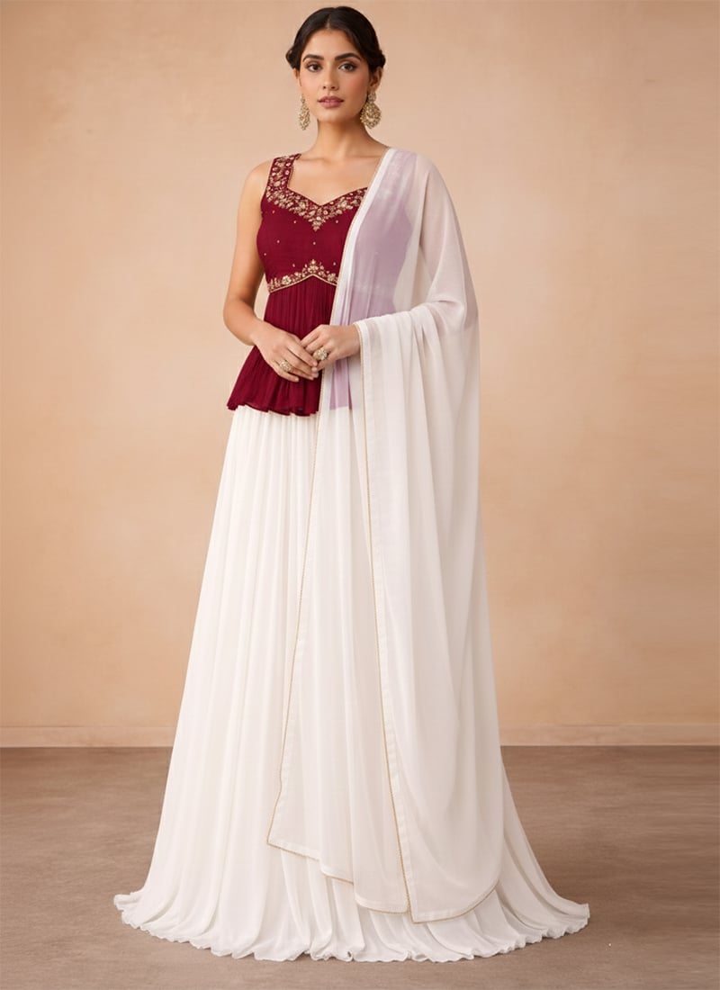 White Faux Georgette Stones Hand Embroidered A Line Lehenga Festive Wear