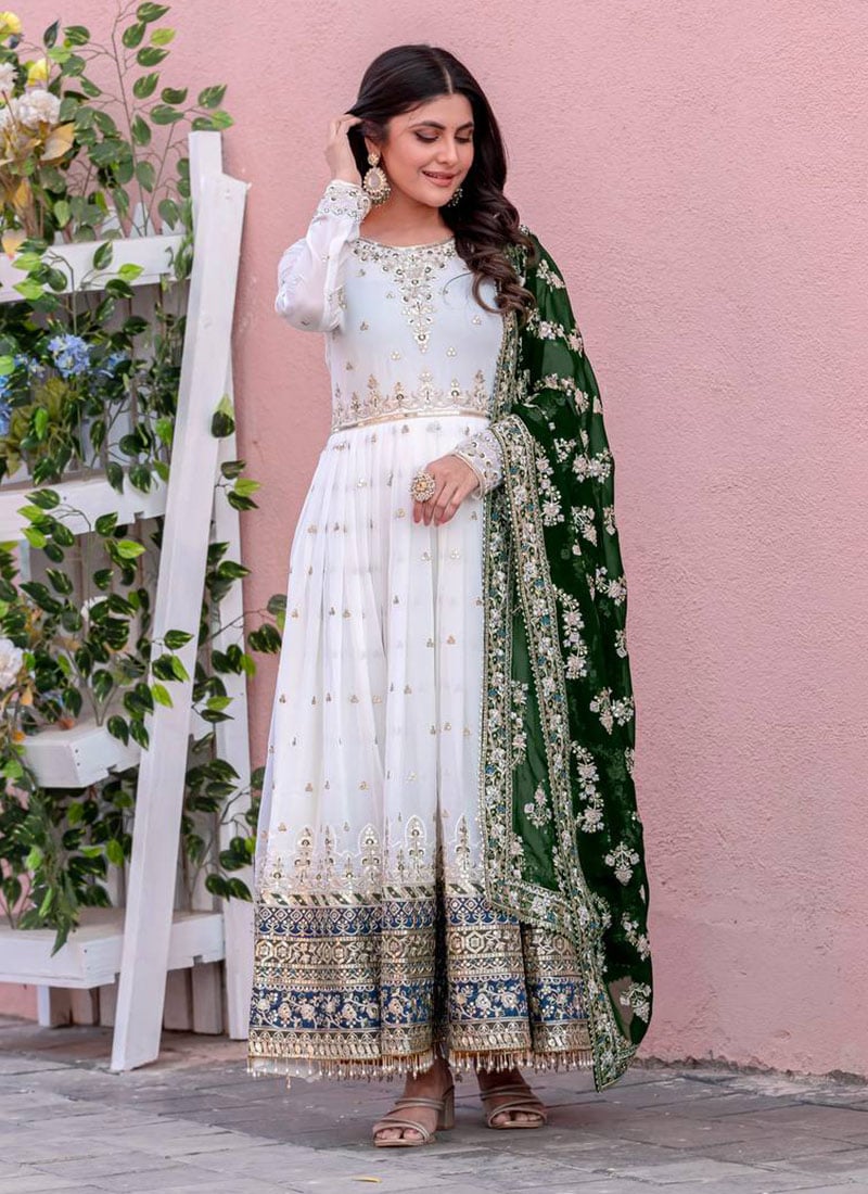 White Faux Georgette Zari And Sequins Embroidered Anarkali Suit Festive Wear