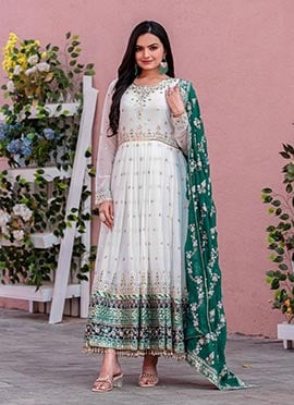 White Faux Georgette Zari And Sequins Embroidered Anarkali Suit