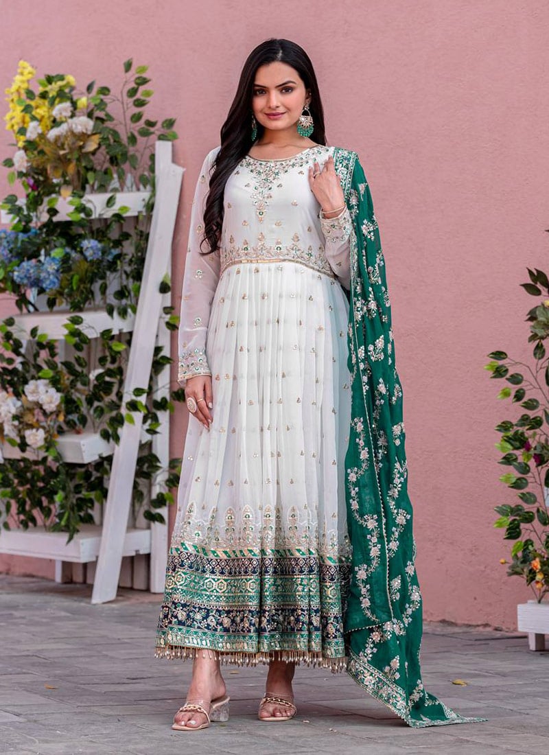 White Faux Georgette Zari And Sequins Embroidered Anarkali Suit Festive Wear