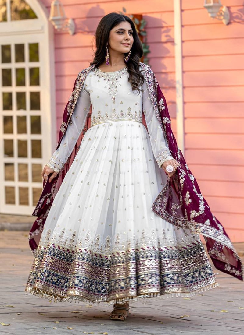 White Faux Georgette Zari And Sequins Embroidered Anarkali Suit Festive Wear