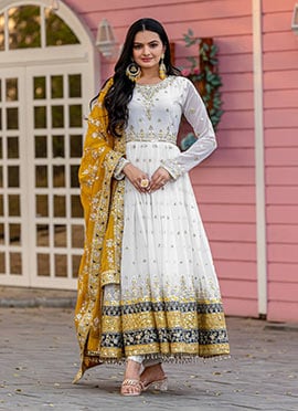 White Faux Georgette Zari And Sequins Embroidered Anarkali Suit