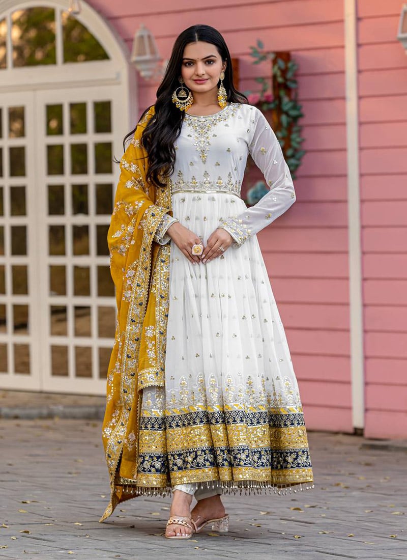 White Faux Georgette Zari And Sequins Embroidered Anarkali Suit Festive Wear