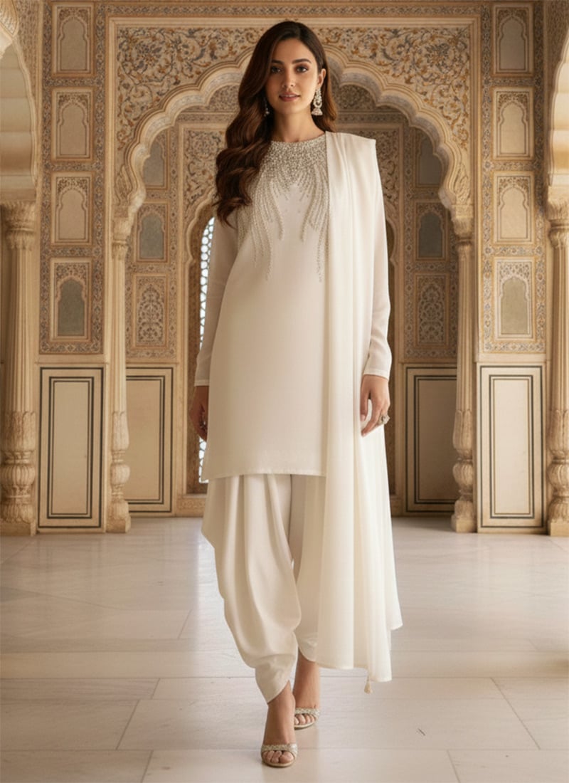 White Faux Georgette Zari Beads Work Dhoti Style Salwar Suit Festive Wear