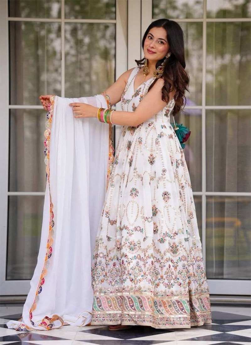 White Faux Georgette Zari Embroidered Sequins Anarkali Suit  Festive Wear