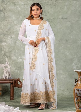 White Faux Georgette Zari Embroidered Sequins Anarkali Suit