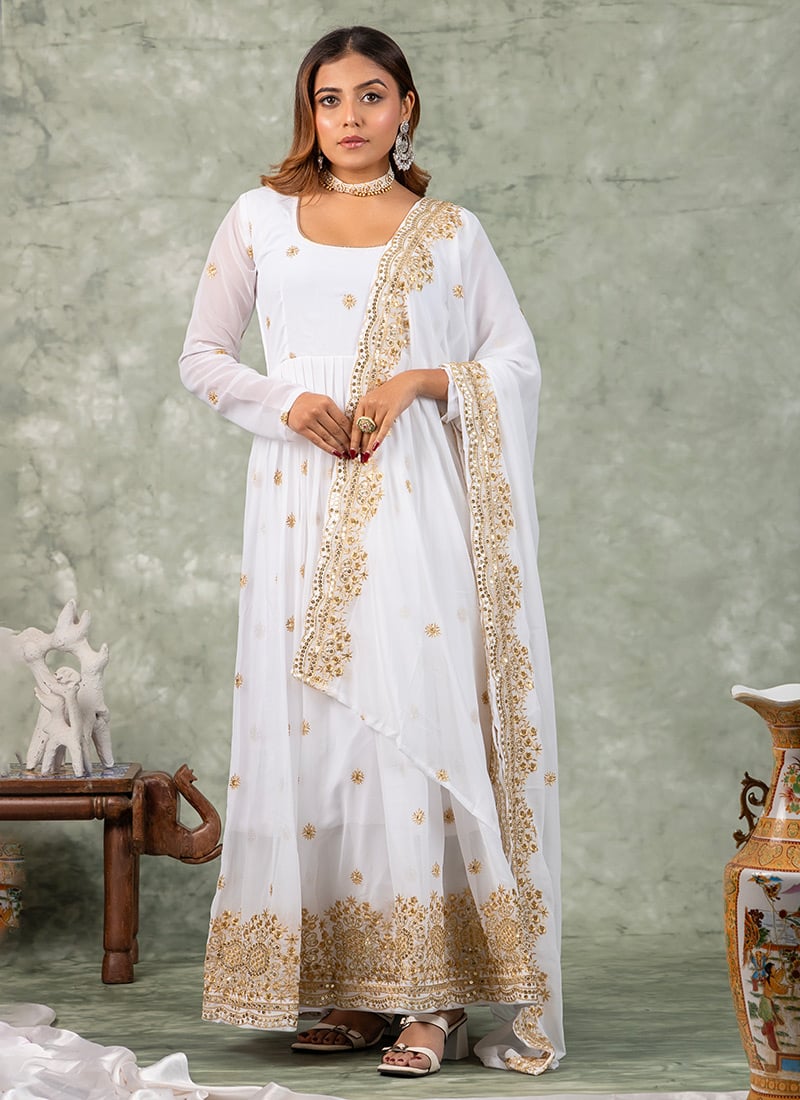 White Faux Georgette Zari Embroidered Sequins Anarkali Suit Festive Wear